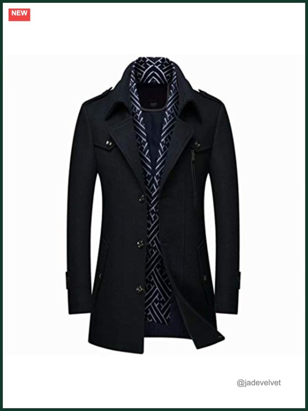 Men's Wool Blend Pea Coat - Winter Trench Coat with Detachable Scarf, Long